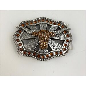 Western Longhorn Steer Belt Buckle Rhinestone Orange Silver Tone 105g Enmon
